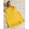 Women Cotton Linen Vest Ruffle Pocket O-neck Sleeveless Blouse Solid Loose Summer Tank Tops