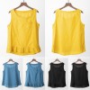 Women Cotton Linen Vest Ruffle Pocket O-neck Sleeveless Blouse Solid Loose Summer Tank Tops