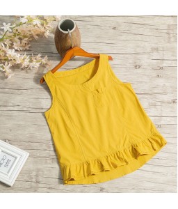 Women Cotton Linen Vest Ruffle Pocket O-neck Sleeveless Blouse Solid Loose Summer Tank Tops