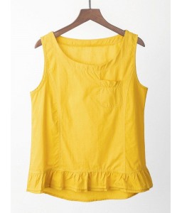 Women Cotton Linen Vest Ruffle Pocket O-neck Sleeveless Blouse Solid Loose Summer Tank Tops