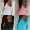 New Sexy Women T-Shirt Button V Neck Chest Pocket Long Sleeve Top Black/White/Blue/Pink