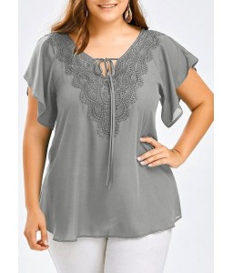 Women Plus Size Solid Blouse  V Neck Crochet Lace Shirt Top