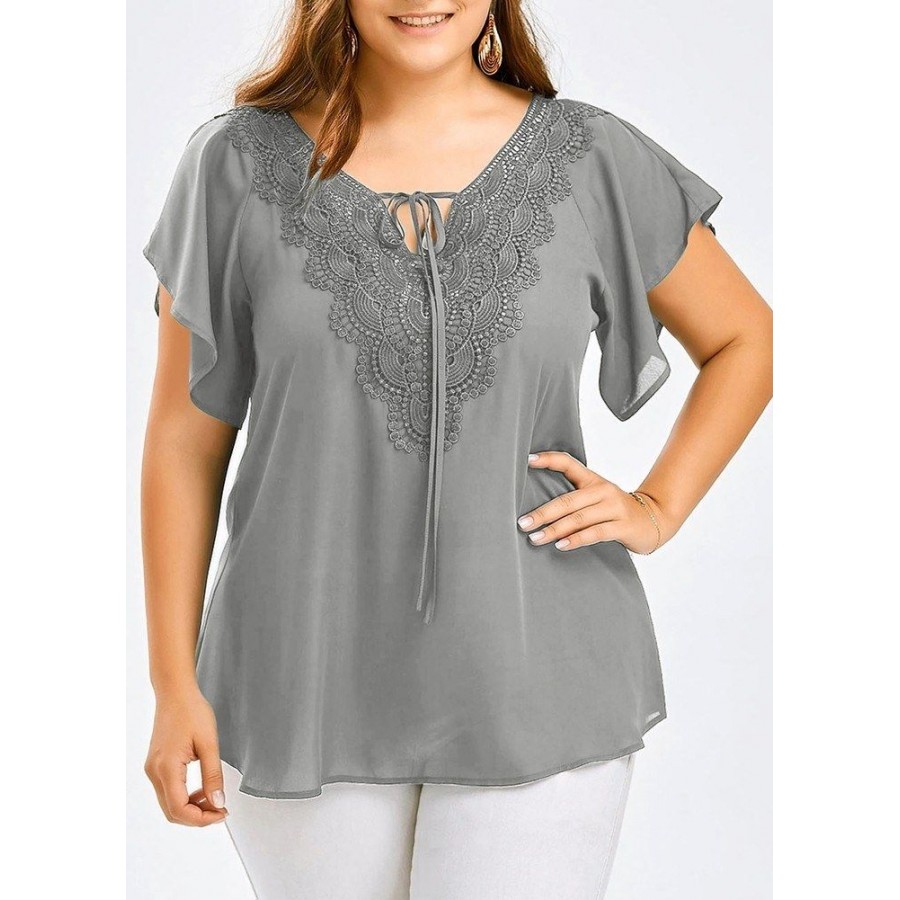 Women Plus Size Solid Blouse  V Neck Crochet Lace Shirt Top