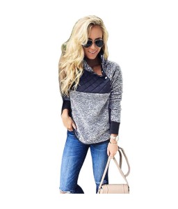 Women Fleece Sweatshirt High Neck Long Sleeve Button Casual Warm Pullover Top White/Dark Blue