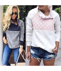 Women Fleece Sweatshirt High Neck Long Sleeve Button Casual Warm Pullover Top White/Dark Blue