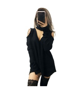 Women Knitted Long Tops Solid V Neck Choker Off Shoulder Long Sleeve Casual Sexy Sweater Club Party Wear