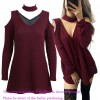 Women Knitted Long Tops Solid V Neck Choker Off Shoulder Long Sleeve Casual Sexy Sweater Club Party Wear