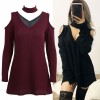 Women Knitted Long Tops Solid V Neck Choker Off Shoulder Long Sleeve Casual Sexy Sweater Club Party Wear