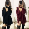 Women Knitted Long Tops Solid V Neck Choker Off Shoulder Long Sleeve Casual Sexy Sweater Club Party Wear