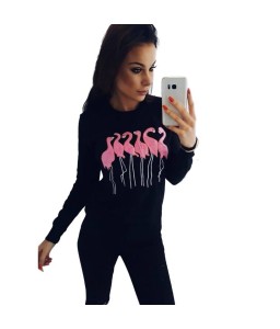 Fashion Women Embroidery Flamingo Long Sleeve Sweatshirt O Neck Casual Jumper Pullover Tops