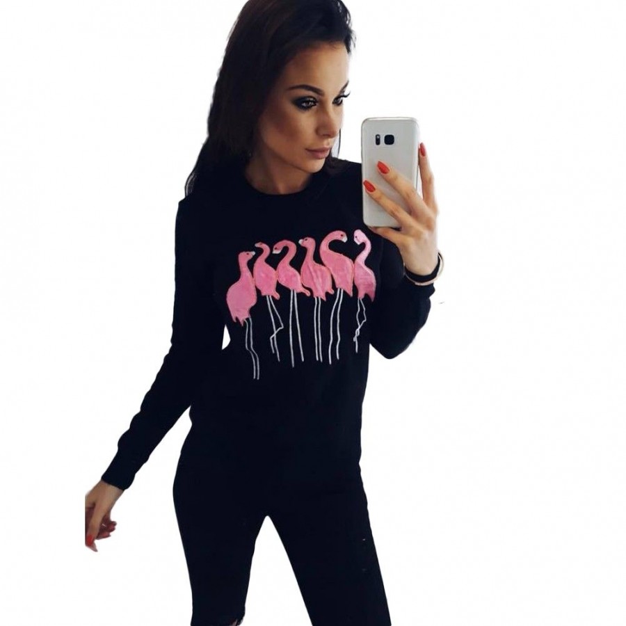 Fashion Women Embroidery Flamingo Long Sleeve Sweatshirt O Neck Casual Jumper Pullover Tops