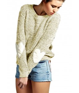 New Women Loose Knitted Sweater Elbow Heart Patch Solid Long Sleeve Casual Knit Pullover Jumper