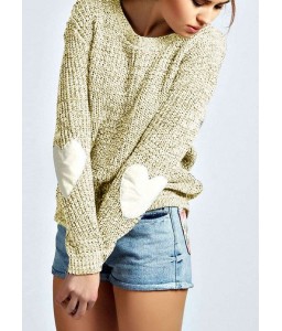 New Women Loose Knitted Sweater Elbow Heart Patch Solid Long Sleeve Casual Knit Pullover Jumper