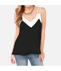 Sexy Women Chiffon Cami Tank Top Strap Contrast V-Neck Sleeveless Vest Top Camisole Black/White