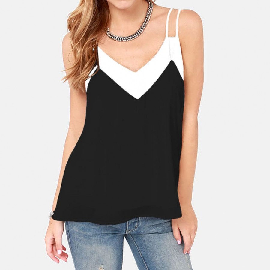 Sexy Women Chiffon Cami Tank Top Strap Contrast V-Neck Sleeveless Vest Top Camisole Black/White