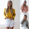 Women Hoodies Sweatshirt Solid O-Neck Long Sleeve T-Shirt Casual Tracksuit Pullover Top Pink/Grey/Yellow