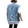 Women Denim Vest Round Neck Sleeveless Buttons Pockets Distressed Frayed Holes Loose Boyfriend Casual Jacket