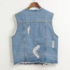 Women Denim Vest Round Neck Sleeveless Buttons Pockets Distressed Frayed Holes Loose Boyfriend Casual Jacket