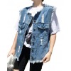 Women Denim Vest Round Neck Sleeveless Buttons Pockets Distressed Frayed Holes Loose Boyfriend Casual Jacket