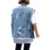 Women Denim Vest Round Neck Sleeveless Buttons Pockets Distressed Frayed Holes Loose Boyfriend Casual Jacket