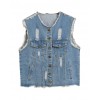 Women Denim Vest Round Neck Sleeveless Buttons Pockets Distressed Frayed Holes Loose Boyfriend Casual Jacket