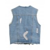 Women Denim Vest Round Neck Sleeveless Buttons Pockets Distressed Frayed Holes Loose Boyfriend Casual Jacket