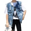 Women Denim Vest Round Neck Sleeveless Buttons Pockets Distressed Frayed Holes Loose Boyfriend Casual Jacket