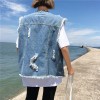 Women Denim Vest Round Neck Sleeveless Buttons Pockets Distressed Frayed Holes Loose Boyfriend Casual Jacket