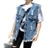 Women Denim Vest Round Neck Sleeveless Buttons Pockets Distressed Frayed Holes Loose Boyfriend Casual Jacket