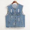 Women Denim Vest Round Neck Sleeveless Buttons Pockets Distressed Frayed Holes Loose Boyfriend Casual Jacket