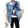 Women Denim Vest Round Neck Sleeveless Buttons Pockets Distressed Frayed Holes Loose Boyfriend Casual Jacket