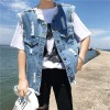 Women Denim Vest Round Neck Sleeveless Buttons Pockets Distressed Frayed Holes Loose Boyfriend Casual Jacket