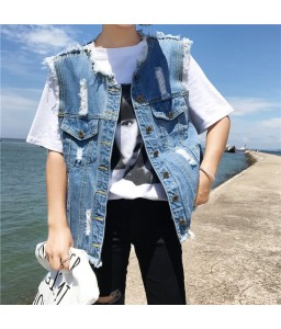 Women Denim Vest Round Neck Sleeveless Buttons Pockets Distressed Frayed Holes Loose Boyfriend Casual Jacket