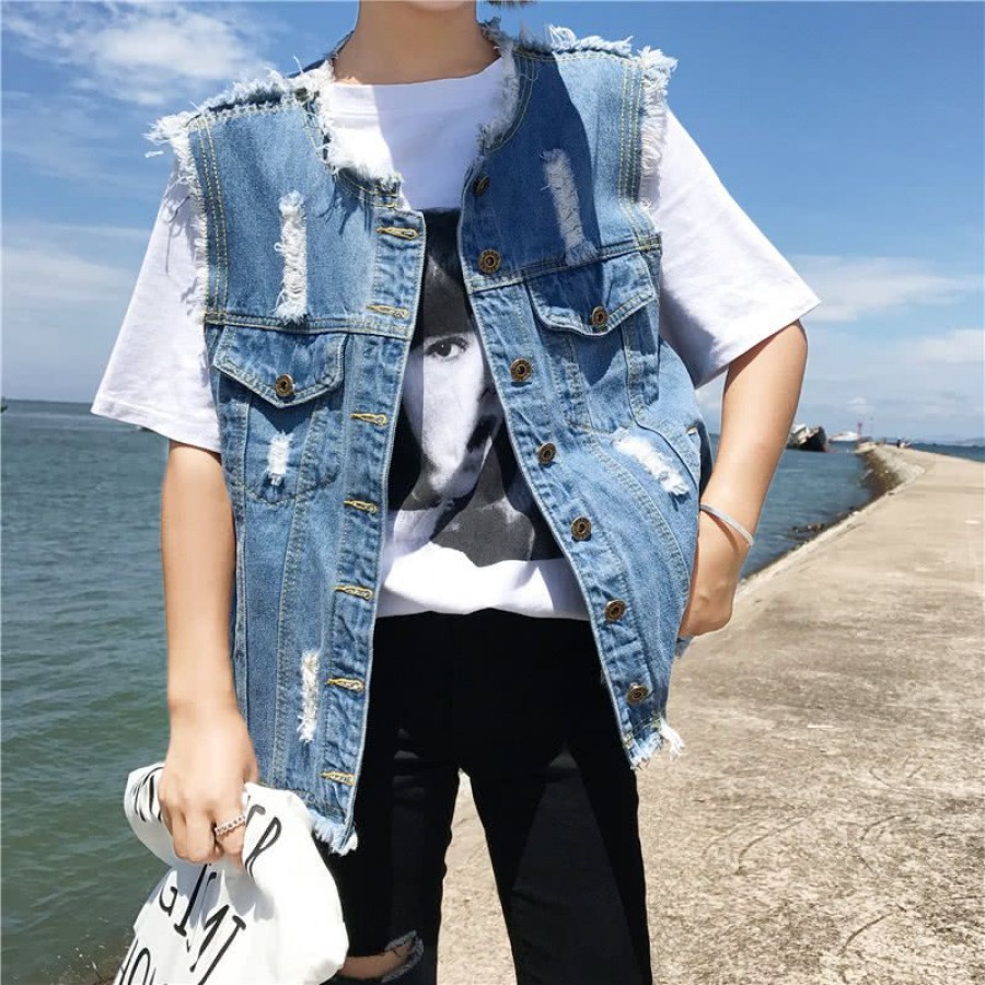 Women Denim Vest Round Neck Sleeveless Buttons Pockets Distressed Frayed Holes Loose Boyfriend Casual Jacket