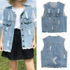 Women Denim Vest Round Neck Sleeveless Buttons Pockets Distressed Frayed Holes Loose Boyfriend Casual Jacket