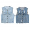 Women Denim Vest Round Neck Sleeveless Buttons Pockets Distressed Frayed Holes Loose Boyfriend Casual Jacket