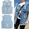 Women Denim Vest Round Neck Sleeveless Buttons Pockets Distressed Frayed Holes Loose Boyfriend Casual Jacket