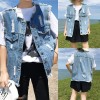 Women Denim Vest Round Neck Sleeveless Buttons Pockets Distressed Frayed Holes Loose Boyfriend Casual Jacket