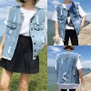 Women Denim Vest Round Neck Sleeveless Buttons Pockets Distressed Frayed Holes Loose Boyfriend Casual Jacket