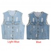 Women Denim Vest Round Neck Sleeveless Buttons Pockets Distressed Frayed Holes Loose Boyfriend Casual Jacket