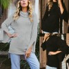 Women Knitted Sweater Long Sleeve Turtleneck High-Low Hem Bandage Split Solid Slim Jumper Pullover Knitwear Black/Grey