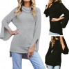 Women Knitted Sweater Long Sleeve Turtleneck High-Low Hem Bandage Split Solid Slim Jumper Pullover Knitwear Black/Grey