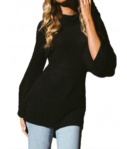 Women Knitted Sweater Long Sleeve Turtleneck High-Low Hem Bandage Split Solid Slim Jumper Pullover Knitwear Black/Grey