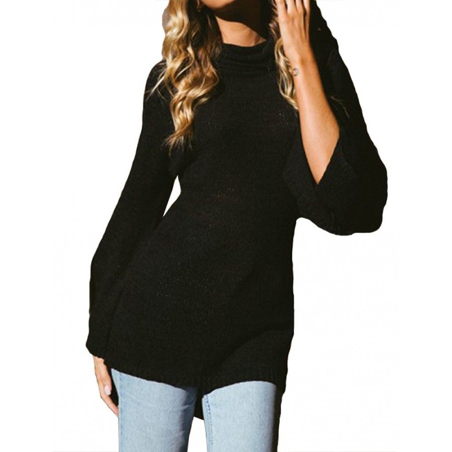 Women Knitted Sweater Long Sleeve Turtleneck High-Low Hem Bandage Split Solid Slim Jumper Pullover Knitwear Black/Grey