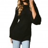 Women Knitted Sweater Long Sleeve Turtleneck High-Low Hem Bandage Split Solid Slim Jumper Pullover Knitwear Black/Grey