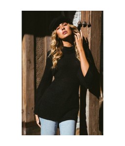 Women Knitted Sweater Long Sleeve Turtleneck High-Low Hem Bandage Split Solid Slim Jumper Pullover Knitwear Black/Grey