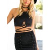 Women Faux Suede Crop Top Cross Bandage Zip Short Blouse Top Streetwear